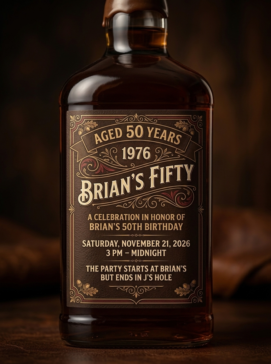 Aged to Perfection — Brian Turns Fifty. Saturday, November 21, 2026, 3 PM to midnight. Brian's House, then J's Hole Saloon.